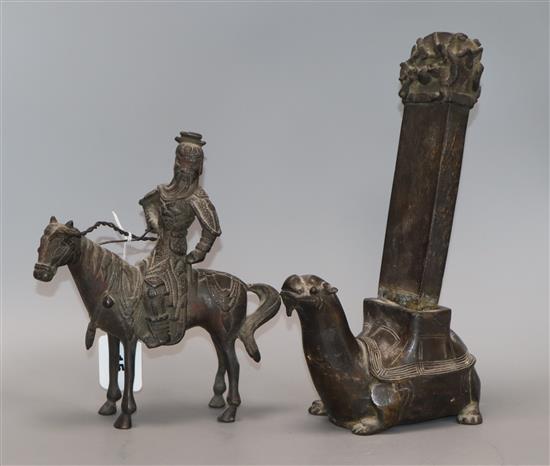 Two Chinese bronzes: an immortal on horseback and a turtle tallest 24cm